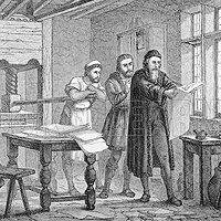 Invenția de tipografie, Johann Gutenberg, tastând textul