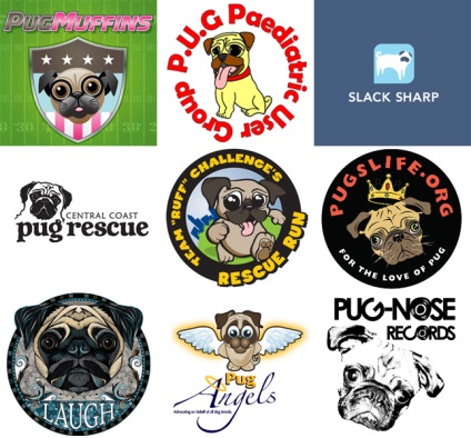 Малко смешно кученце 30 успешни лога, изобразяващи Pugs