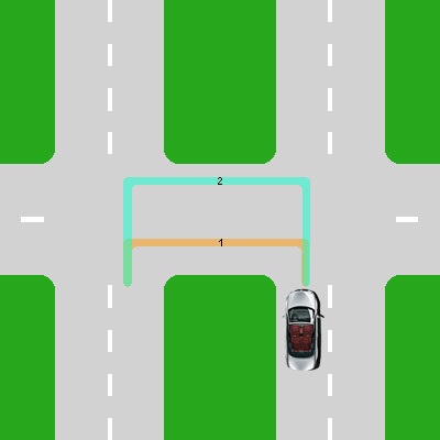 U-turn a keresztezi az elválasztó sáv (spread) U-turn a kereszteződésekben a sínnel