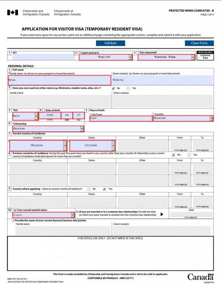 Exemplu de completare a unui formular de cerere de viză pentru Canada