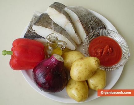 Cod яхния с картофи в доматен сос, риба и морски дарове, брилянтен готвене