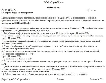 Ordin privind protecția muncii (ordin de protecție a muncii) Ordin de protecție a muncii
