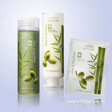 O serie de produse cosmetice pentru păr și piele ale corpului de măsline și bambus oriflame de măsline - bambus oriflame