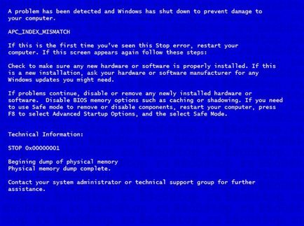 Oprire 0x00000001 apc_index_mismatch, eroare bsod