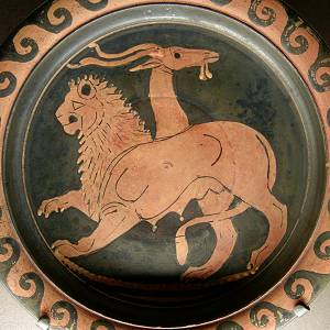 Chimera - un dragon cu trei capete care inspiră focul din legendele grecești - terenul din fața inundațiilor a dispărut