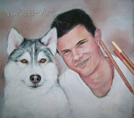 Desenați un portret pastel uscat al actorului Taylor Lottner cu un câine - târg de maeștri - manual,