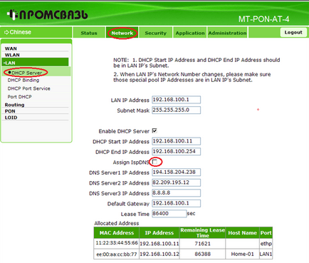 A wi-fi router Promsviaz MT-pon-at-4 (Application-csoportadásra VLAN konfiguráció ADD) A wi-fi router Promsviaz mt-pon-at-4