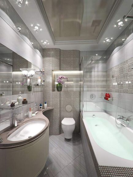 Világítás a fürdőszobában válogatott szakaszon mennyezeti lámpák, fotó változatai a helyét
