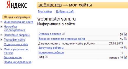 Verificați indexarea site-ului în webmaster-ul Yandex