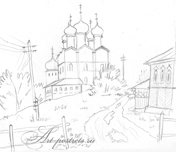 O desen creion de templu sau biserică în etape - cum să desenezi o copertă  biserică într-