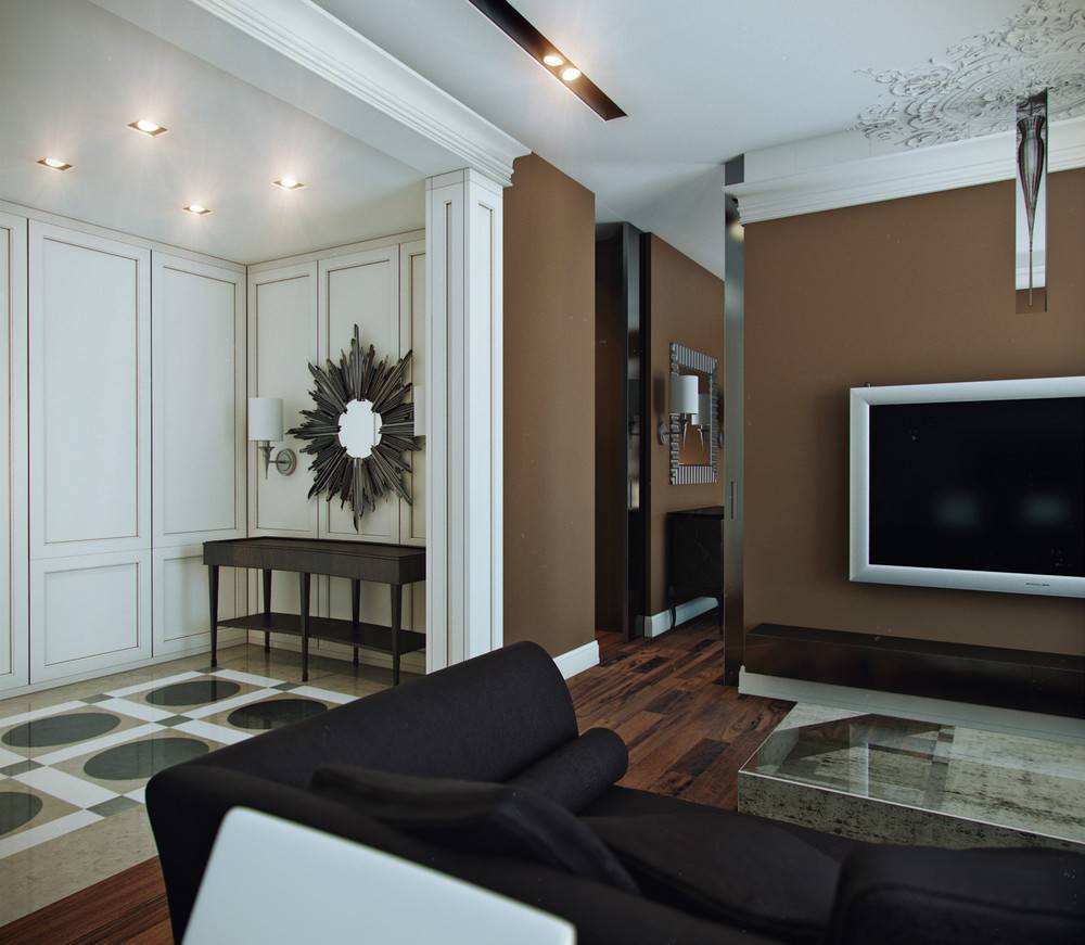 A kombináció a barna szín a belső más színek kombinációja, tapéta, függöny, bútorok és a padló
