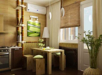 Бамбук в інтер'єрі кухні - шпалери, меблі, паркет і штори