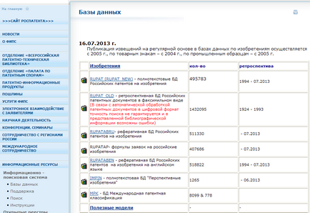 Adatbázis Online FIPS Rospatent (a feladat megtalálni dokumentumok) Adatbázis Online FIPS Rospatent
