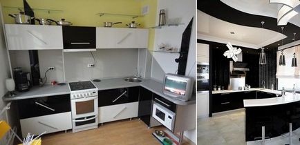 Чорно біла кухня фото дизайну з яскравими акцентами, колір стільниці, інтер'єр з чорної технікою,