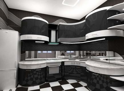 Design alb-negru de bucătărie cu accente strălucitoare, topuri de masă de culoare, interior cu aparate negre,