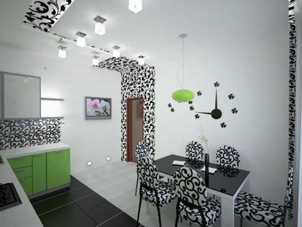 Design alb-negru de bucătărie cu accente strălucitoare, topuri de masă de culoare, interior cu aparate negre,