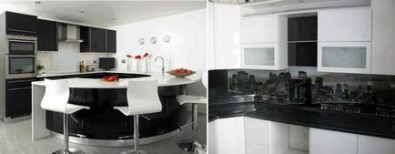 Design alb-negru de bucătărie cu accente strălucitoare, topuri de masă de culoare, interior cu aparate negre,