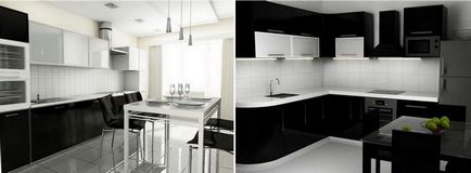 Design alb-negru de bucătărie cu accente strălucitoare, topuri de masă de culoare, interior cu aparate negre,