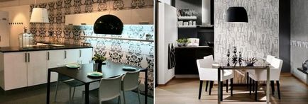 Design alb-negru de bucătărie cu accente strălucitoare, topuri de masă de culoare, interior cu aparate negre,