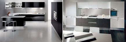 Design alb-negru de bucătărie cu accente strălucitoare, topuri de masă de culoare, interior cu aparate negre,