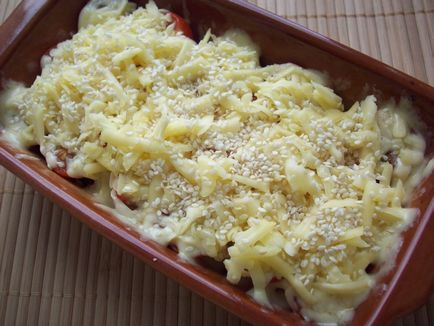 Cukkini, sült gombával és paradicsommal, sajttal sütőben, a recept egy fotó (sajt) Cukkini, sült gombával és paradicsommal, sajttal sütőben, a recept egy fotót