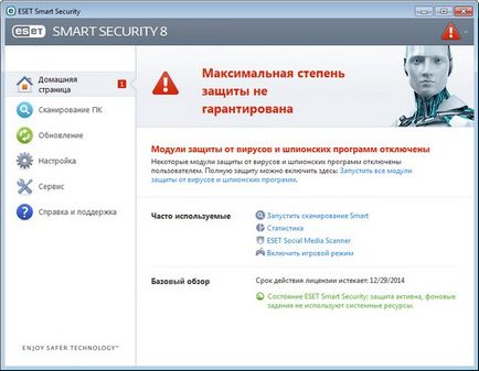 Довідка eset smart security 8 - головне вікно програми