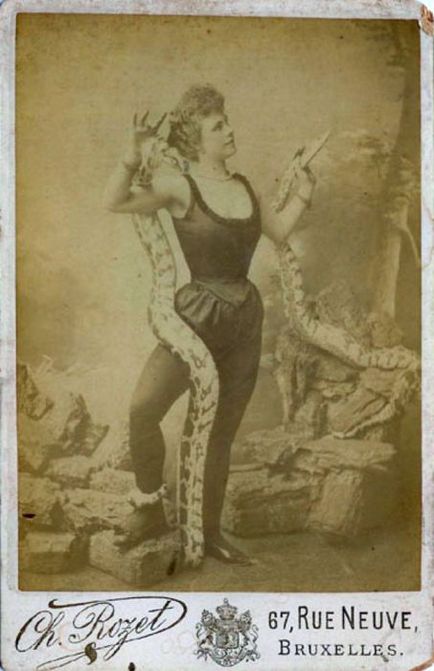 Приборкувачки змій ретро фотографії дам, які виходили на арену цирку зі зміями