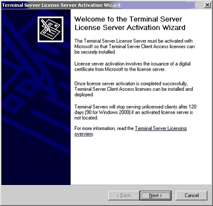 Engedélyezése Terminal Server (terminál szolgáltatásokat) a Windows Server 2000