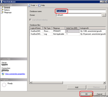 Crearea unei baze de date în serverul ms sql 2008 r2 pentru a stoca conținutul cms kooboo-kooboo cms