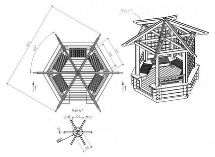 Arbor cu etaje de construcție a brațelor hexagonale, nasha besedka