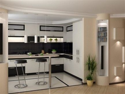 Proiectarea bucătăriei cu un contor de bar între camera de zi (hol)
