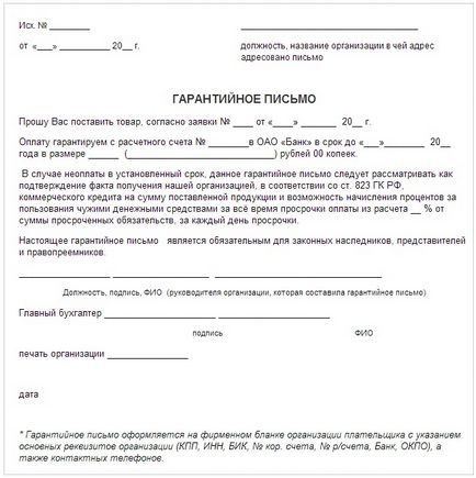 Гарантійний лист про оплату товару зразок заповнення