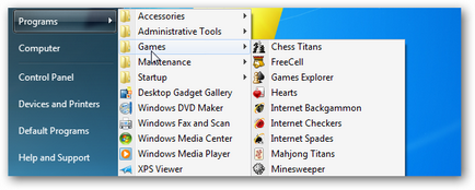 „Minden program”, mint a visszatérés a normál menüben a Windows 7