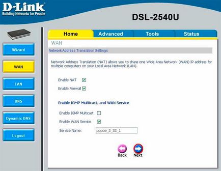 Beállítás dsl-2540u csatlakozni ISP «Infoline”