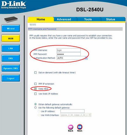 Beállítás dsl-2540u csatlakozni ISP «Infoline”