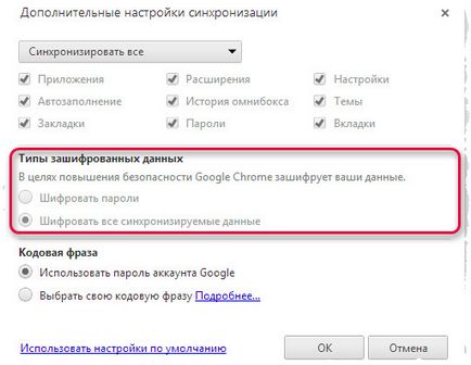 Захист синхронізованих даних в google chrome настройка шифрування, вибір пароля або пральний