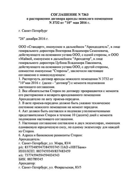 Acord privind încetarea contractului de închiriere a unui spațiu nerezidențial (modul de dizolvare),