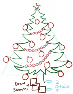 Cum de a desena un pom de Crăciun cu jucării în etape cu un creion - trageți aici