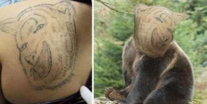 Tatuajul nereușit, cu fețele oamenilor și capetele animalelor, este o sursă de bună dispoziție