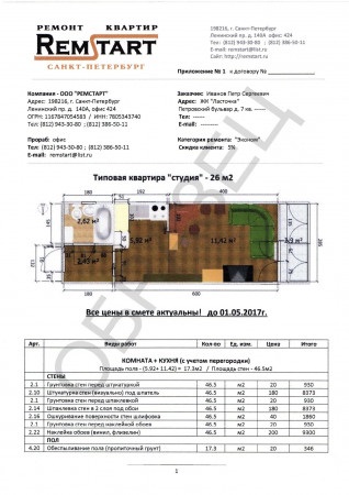 Repararea exemplelor de prețuri de apartament studio de descriere a lucrărilor, compania 