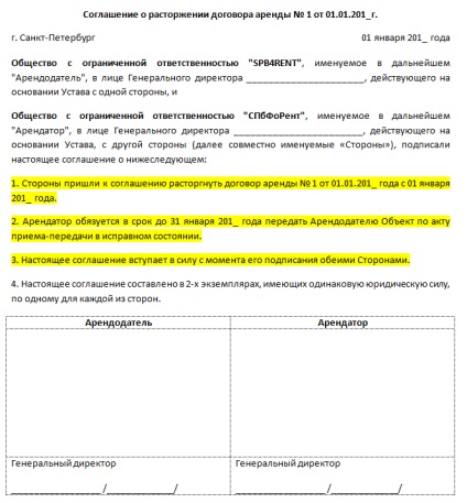 Угоди про розірвання договору оренди бланк і заповнення