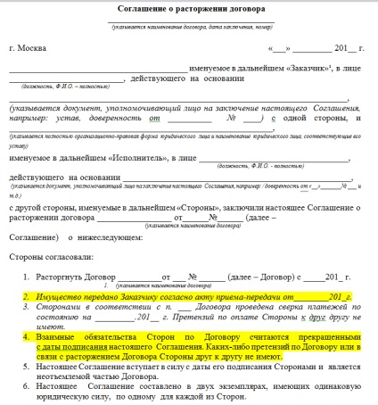 Угоди про розірвання договору оренди бланк і заповнення