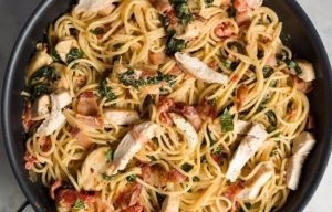 Spaghete cu pui, slănină și spanac - rapid, simplu și gustos