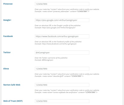 Toate confirmările site-ului meta tag-uri, Google, bing, Yandex, wordpress - top