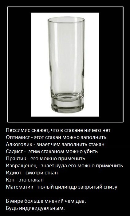 Стакан наполовину порожній або наполовину повний, netlore ідіоми, оптимізм, песимізм, риторичні