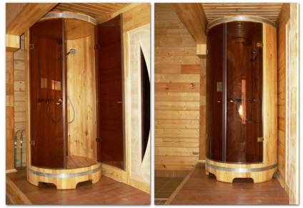 Cabină de duș cu mâinile într-o cabină de duș privată într-o cameră din lemn, design cameră cameră, de casă,