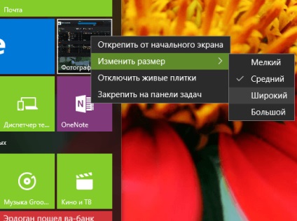 Hogyan változtassuk meg a méret a cserép az ikonok és a menü hivatkozások indítsa el a Windows 10