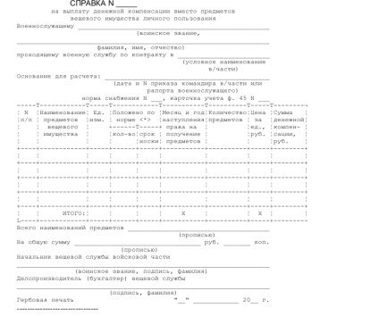 O probă a certificatului de plată a compensației monetare în locul articolelor de îmbrăcăminte