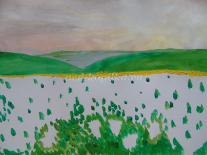 Desenarea unei gașe de peisaj de luncă în etape (peisaj) Desenarea unei gouache pe luncă în etape