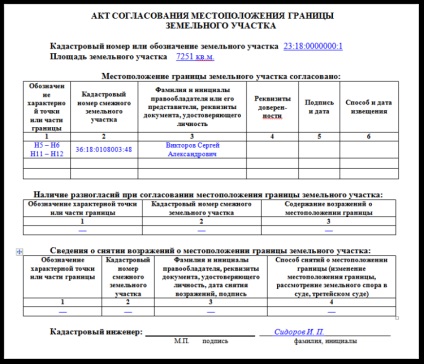 Actul de coordonare a locației terenului, un eșantion, un nou formular și un formular de acord